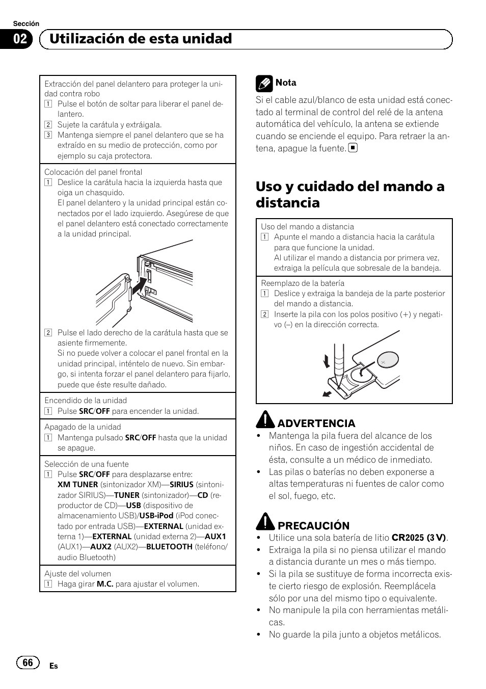 Uso y cuidado del mando a distancia, 02 utilización de esta unidad, Advertencia | Precaución | Pioneer SUPERTUNERD DEH-P5200HD User Manual | Page 66 / 88