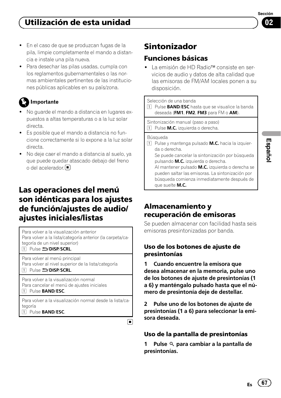 Las operaciones del menú son idénticas para, Sintonizador, Funciones básicas 67 | Almacenamiento y recuperación de, Emisoras, 02 utilización de esta unidad, Funciones básicas, Almacenamiento y recuperación de emisoras | Pioneer SUPERTUNERD DEH-P5200HD User Manual | Page 67 / 88