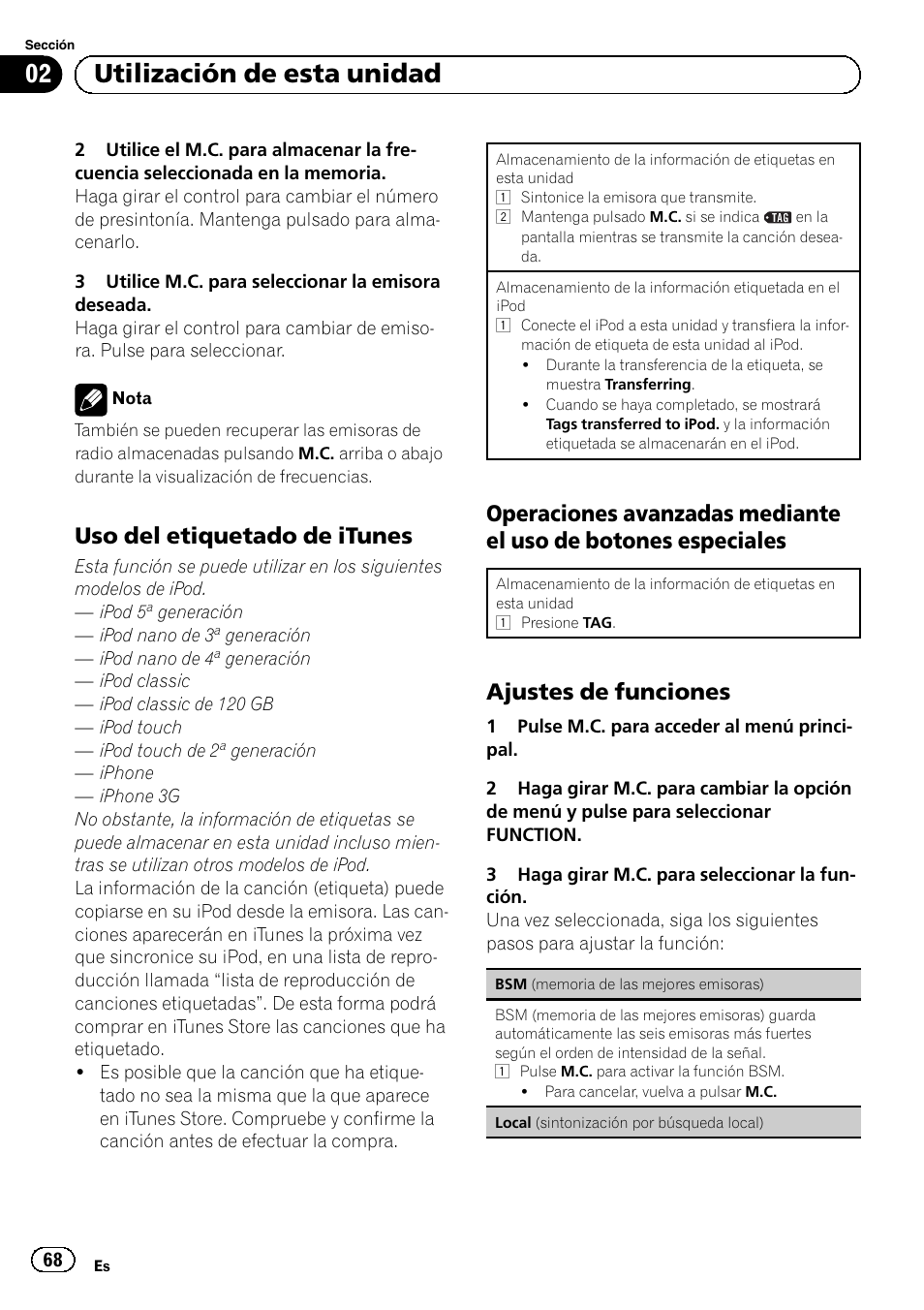 Uso del etiquetado de itunes 68, Operaciones avanzadas mediante el, Uso de botones especiales | Ajustes de funciones 68, 02 utilización de esta unidad, Uso del etiquetado de itunes, Ajustes de funciones | Pioneer SUPERTUNERD DEH-P5200HD User Manual | Page 68 / 88