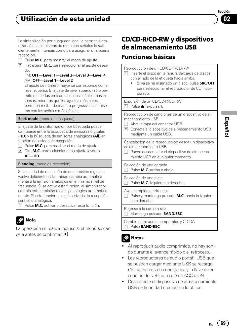 Cd/cd-r/cd-rw y dispositivos de, Almacenamiento usb, Funciones básicas 69 | Cd/cd-r/cd-rw y dispositivos de almacenamiento usb, 02 utilización de esta unidad, Funciones básicas, Español | Pioneer SUPERTUNERD DEH-P5200HD User Manual | Page 69 / 88