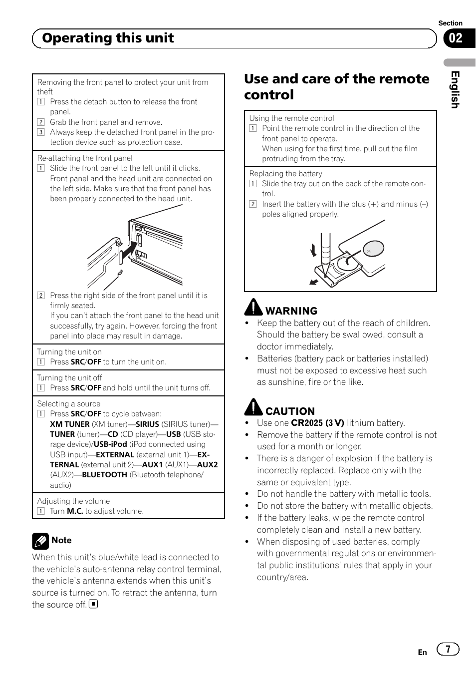 Use and care of the remote control, 02 operating this unit, English | Pioneer SUPERTUNERD DEH-P5200HD User Manual | Page 7 / 88