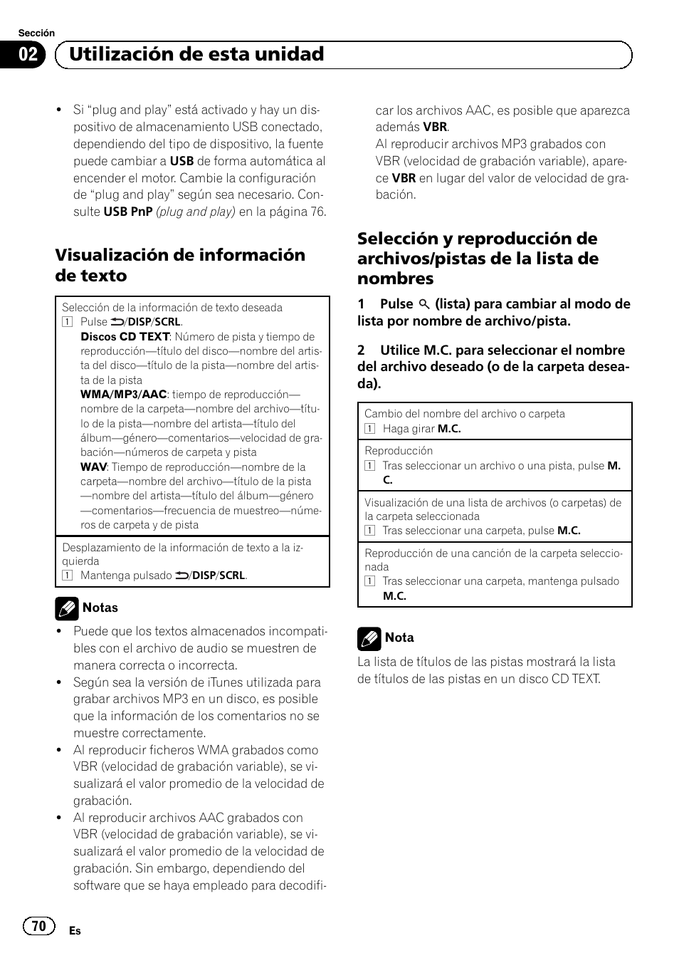 Visualización de información de, Texto, Selección y reproducción de archivos | Pistas de la lista de nombres, 02 utilización de esta unidad, Visualización de información de texto | Pioneer SUPERTUNERD DEH-P5200HD User Manual | Page 70 / 88