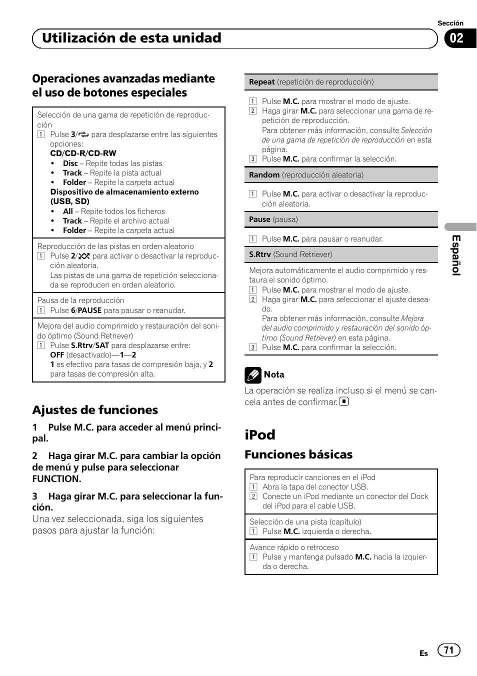 Operaciones avanzadas mediante el, Uso de botones especiales, Ajustes de funciones 71 | Ipod, Funciones básicas 71, 02 utilización de esta unidad, Ajustes de funciones, Funciones básicas, Español | Pioneer SUPERTUNERD DEH-P5200HD User Manual | Page 71 / 88