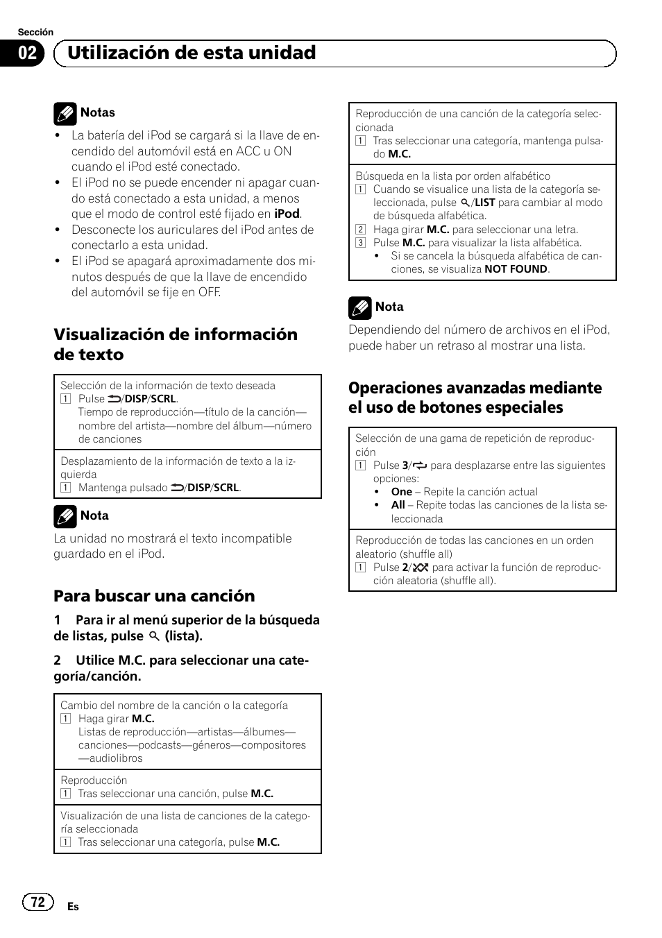 Visualización de información de, Texto, Para buscar una canción 72 | Operaciones avanzadas mediante el, Uso de botones especiales, 02 utilización de esta unidad, Visualización de información de texto, Para buscar una canción | Pioneer SUPERTUNERD DEH-P5200HD User Manual | Page 72 / 88