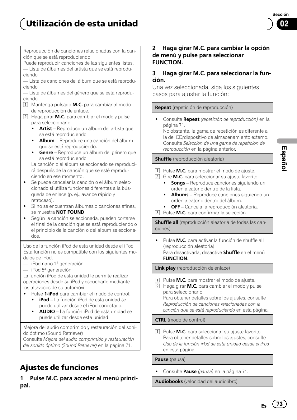 Ajustes de funciones 73, 02 utilización de esta unidad, Ajustes de funciones | Español | Pioneer SUPERTUNERD DEH-P5200HD User Manual | Page 73 / 88