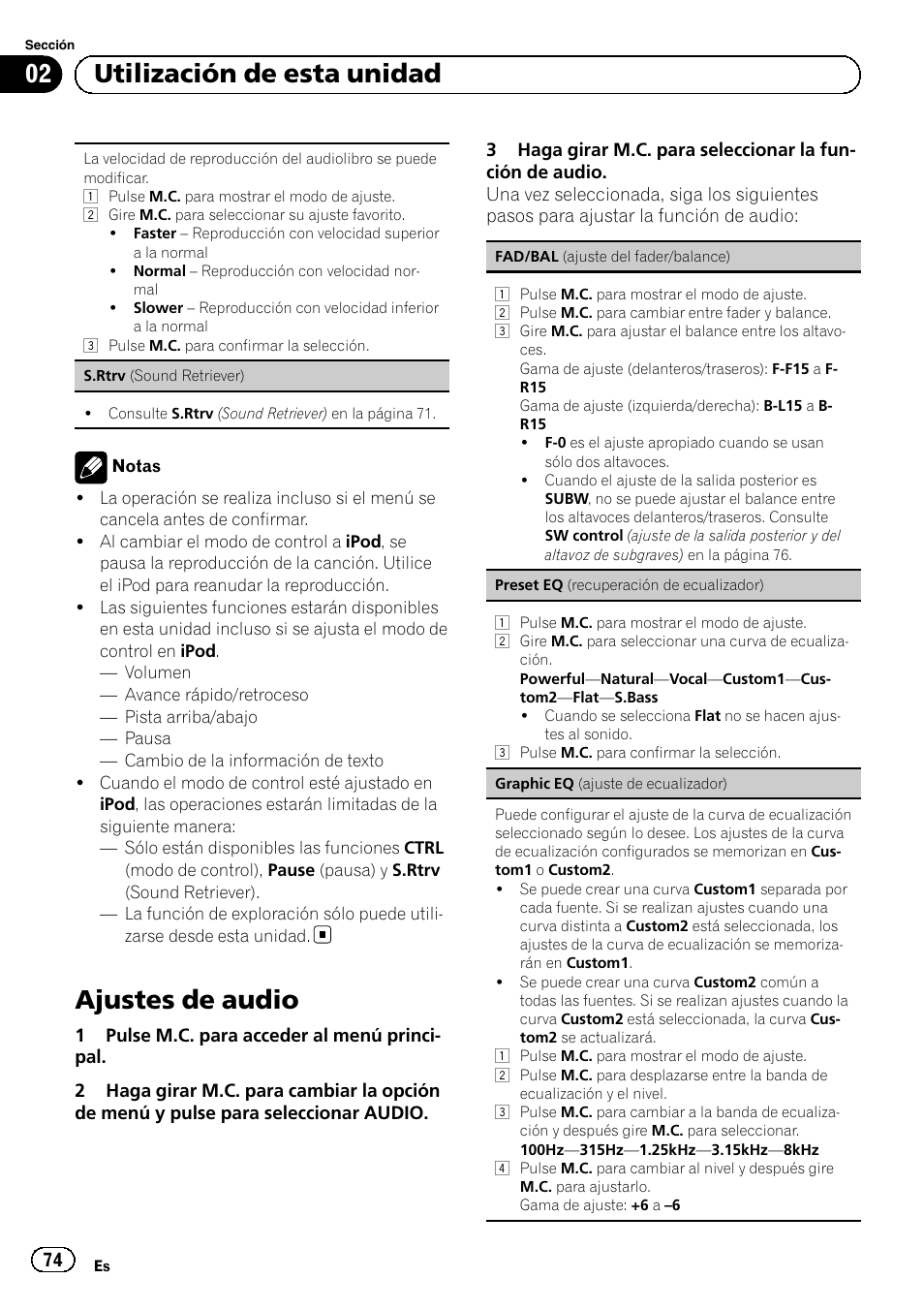 Ajustes de audio, 02 utilización de esta unidad | Pioneer SUPERTUNERD DEH-P5200HD User Manual | Page 74 / 88