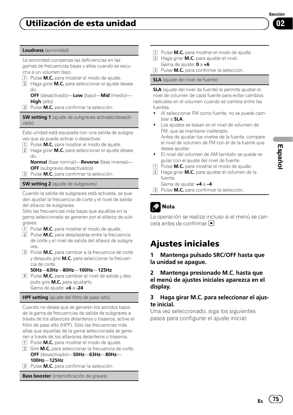 Ajustes iniciales, 02 utilización de esta unidad, Español | Pioneer SUPERTUNERD DEH-P5200HD User Manual | Page 75 / 88