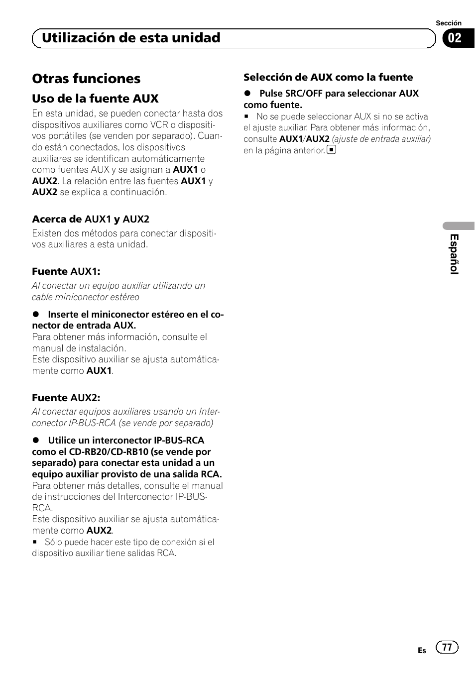 Otras funciones, Uso de la fuente aux 77, 02 utilización de esta unidad | Pioneer SUPERTUNERD DEH-P5200HD User Manual | Page 77 / 88