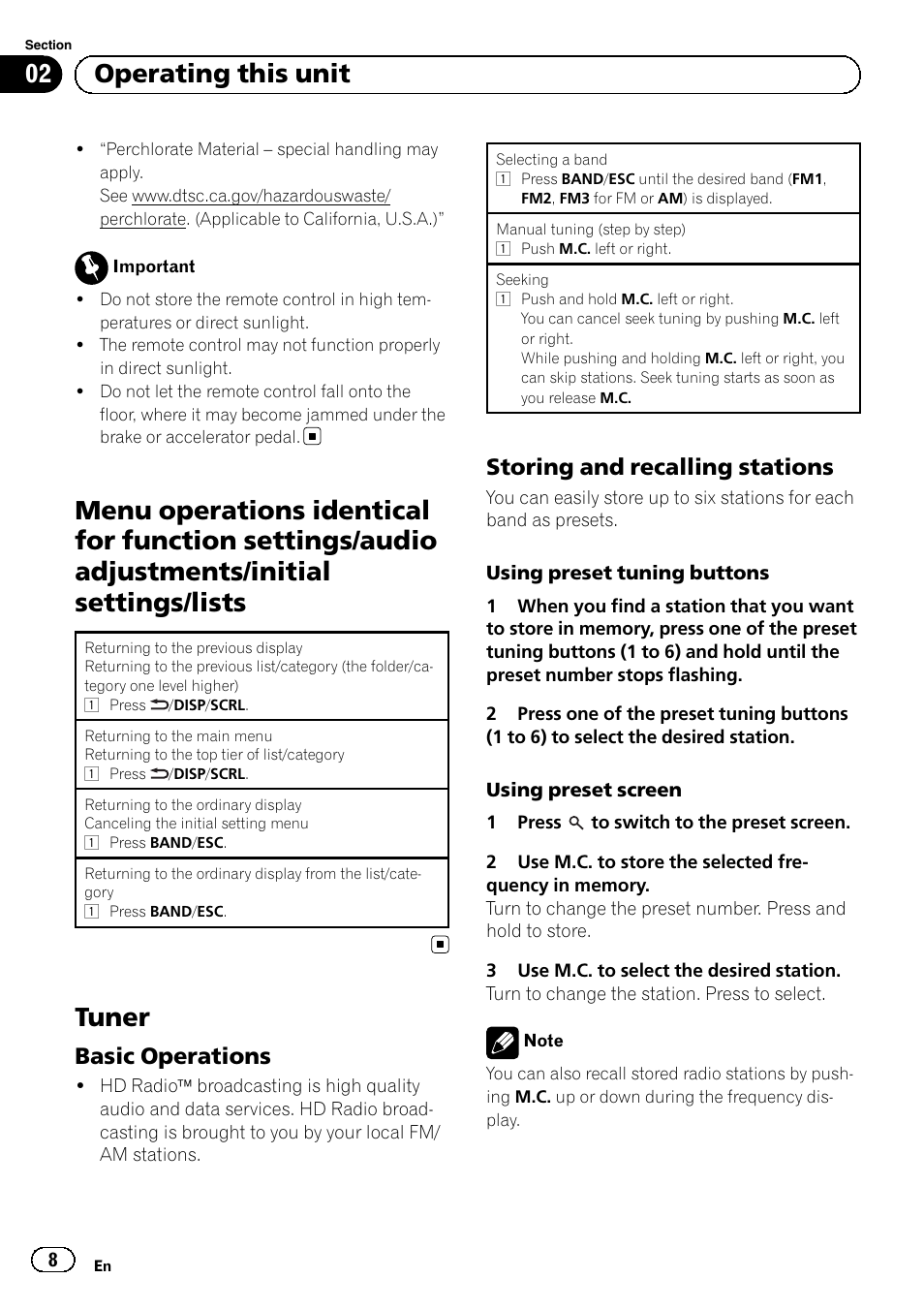 Menu operations identical for function, Settings/audio adjustments/initial settings/ lists, Tuner | Basic operations 8, Storing and recalling stations 8, 02 operating this unit, Basic operations, Storing and recalling stations | Pioneer SUPERTUNERD DEH-P5200HD User Manual | Page 8 / 88