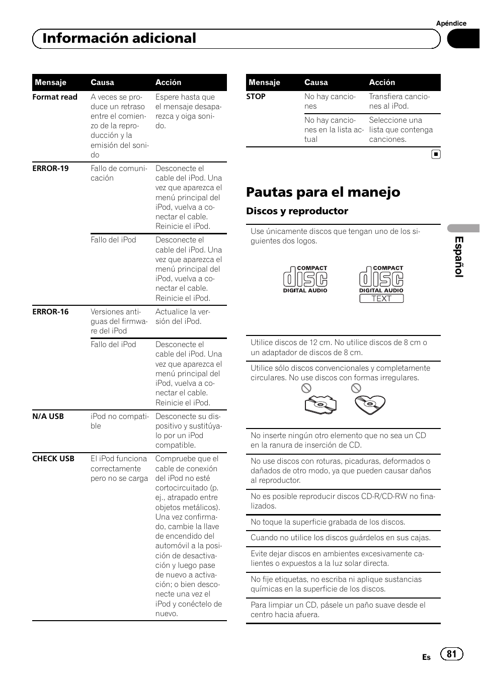 Pautas para el manejo, Información adicional, Español | Pioneer SUPERTUNERD DEH-P5200HD User Manual | Page 81 / 88