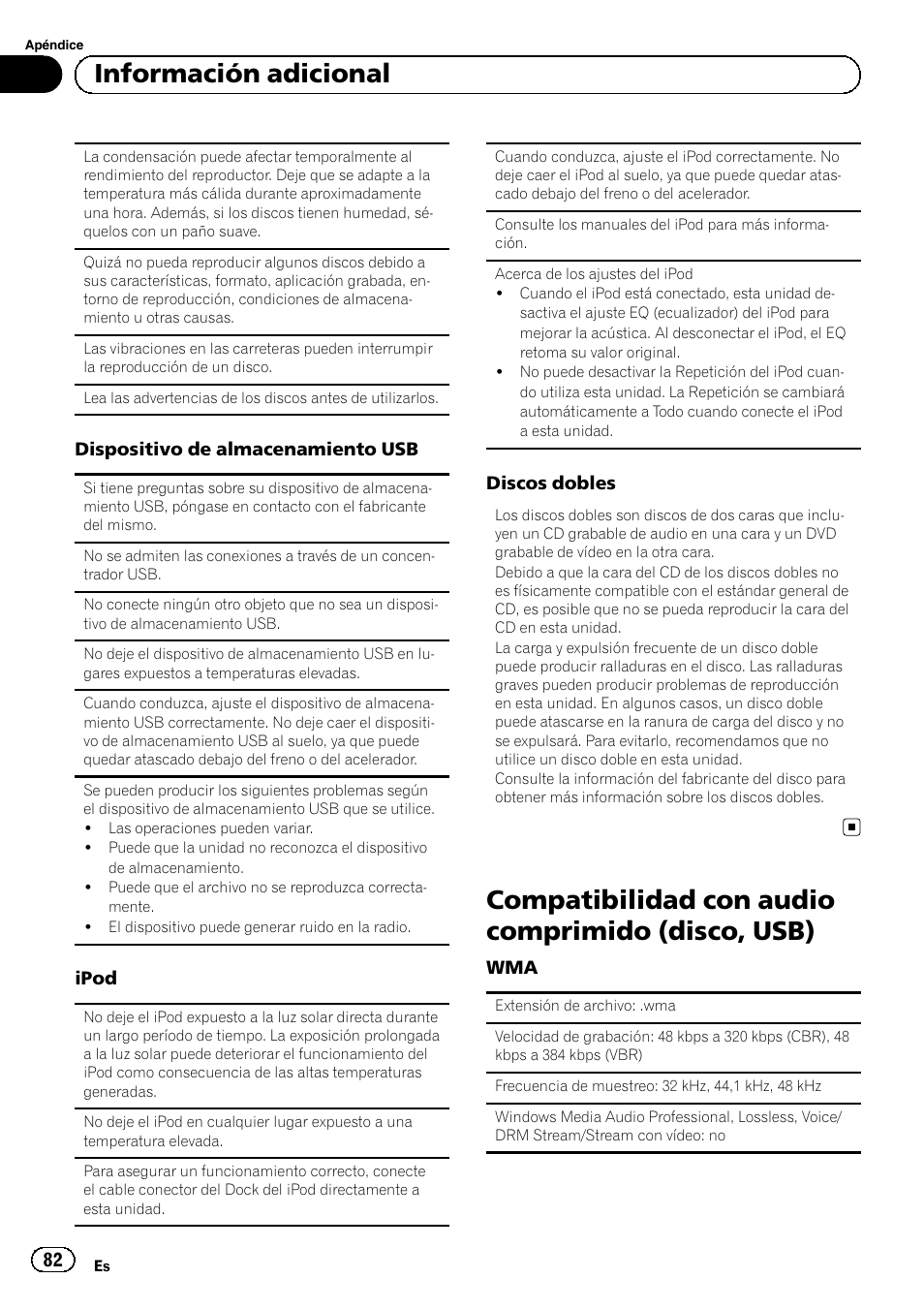 Compatibilidad con audio comprimido, Disco, usb), Compatibilidad con audio comprimido (disco, usb) | Información adicional | Pioneer SUPERTUNERD DEH-P5200HD User Manual | Page 82 / 88