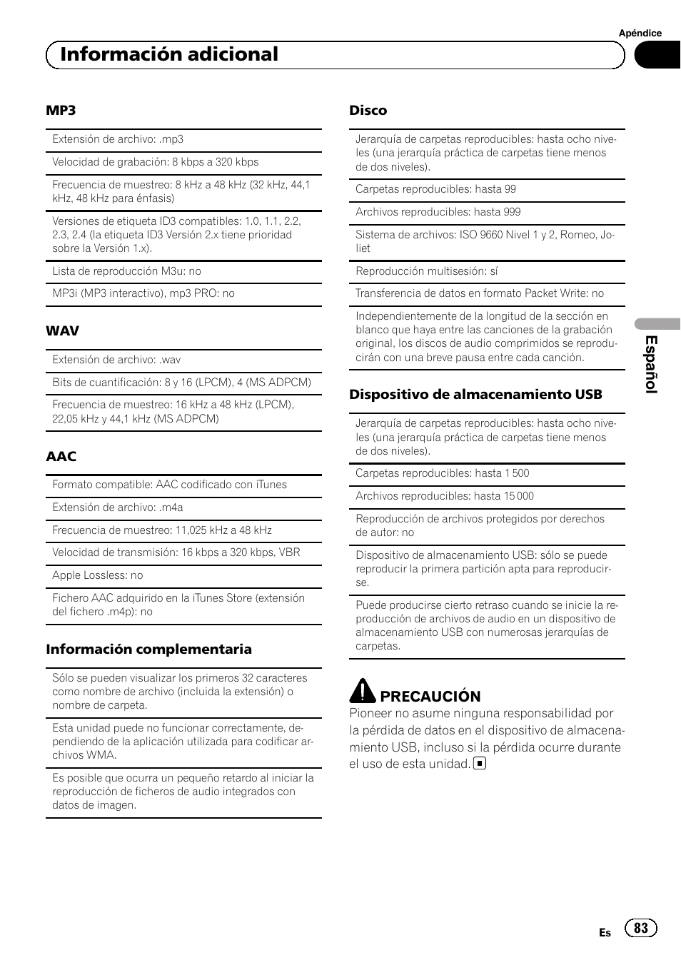 Información adicional, Español, Precaución | Pioneer SUPERTUNERD DEH-P5200HD User Manual | Page 83 / 88