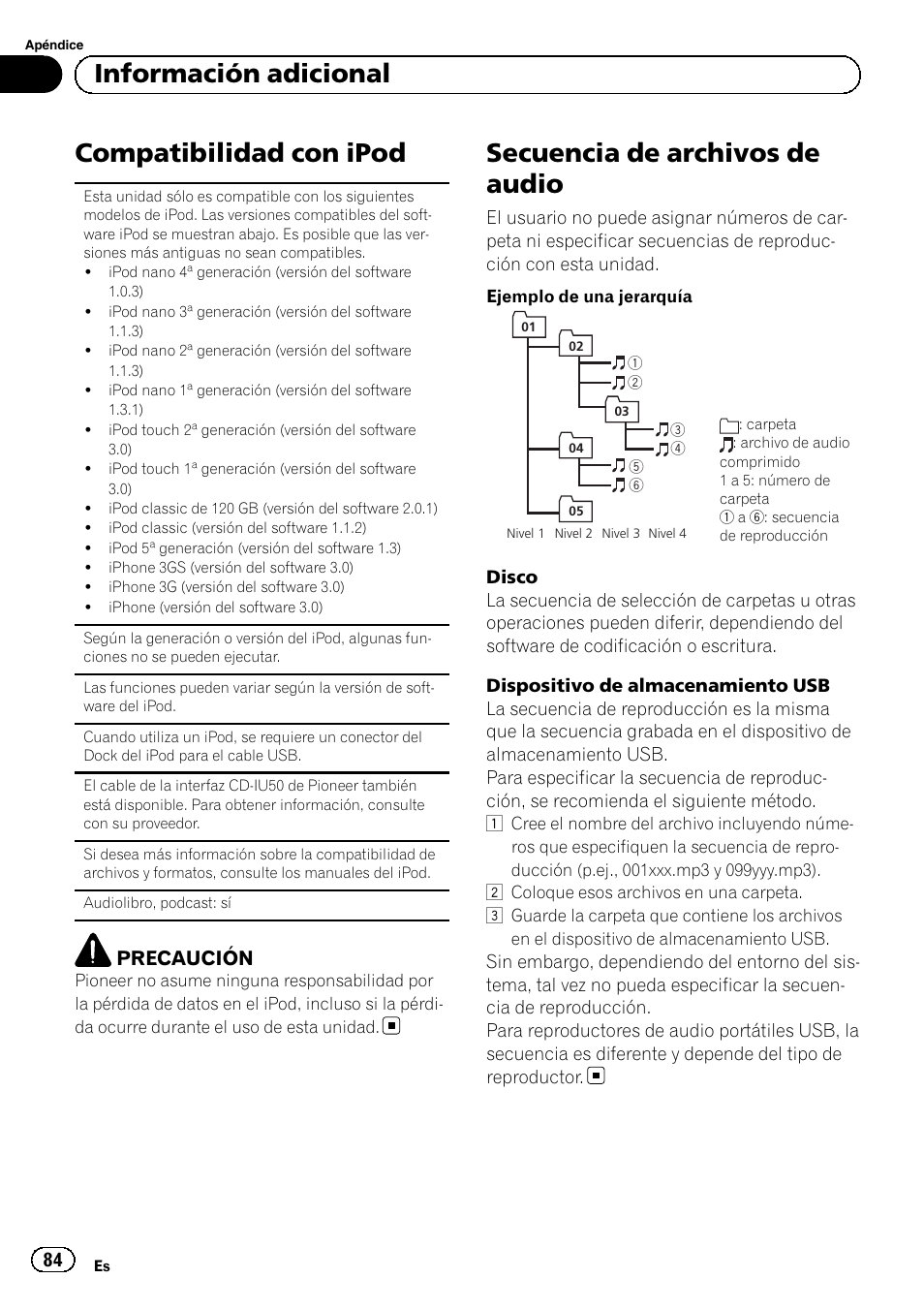 Compatibilidad con ipod, Secuencia de archivos de audio, Información adicional | Precaución | Pioneer SUPERTUNERD DEH-P5200HD User Manual | Page 84 / 88