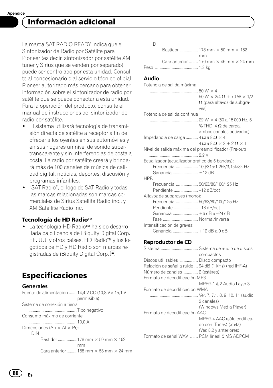 Especificaciones, Información adicional | Pioneer SUPERTUNERD DEH-P5200HD User Manual | Page 86 / 88