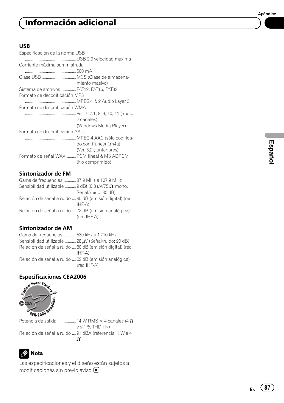 Información adicional, Español | Pioneer SUPERTUNERD DEH-P5200HD User Manual | Page 87 / 88