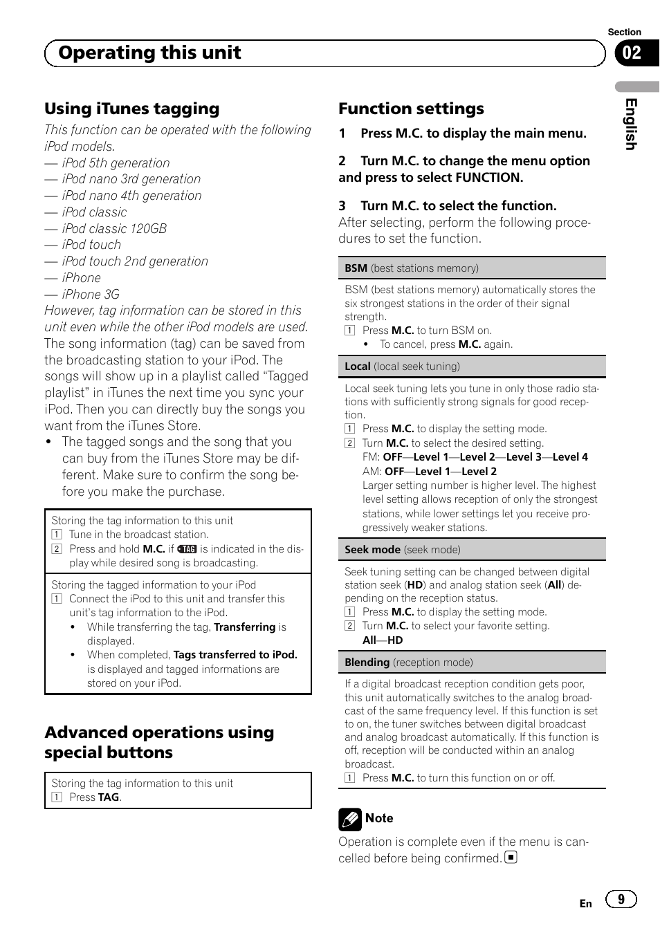 Using itunes tagging 9, Advanced operations using special, Buttons | Function settings 9, 02 operating this unit, Using itunes tagging, Advanced operations using special buttons, Function settings, English | Pioneer SUPERTUNERD DEH-P5200HD User Manual | Page 9 / 88