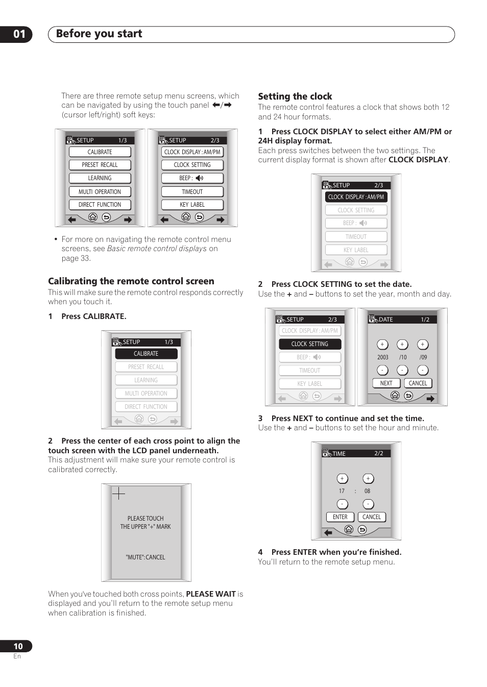 Calibrating the remote control screen, Setting the clock, Before you start 01 | Pioneer VSX-59TXi User Manual | Page 10 / 112