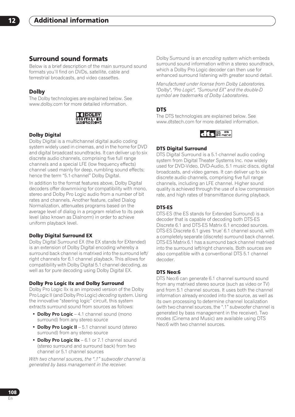 Surround sound formats, Dolby, Additional information 12 | Pioneer VSX-59TXi User Manual | Page 108 / 112