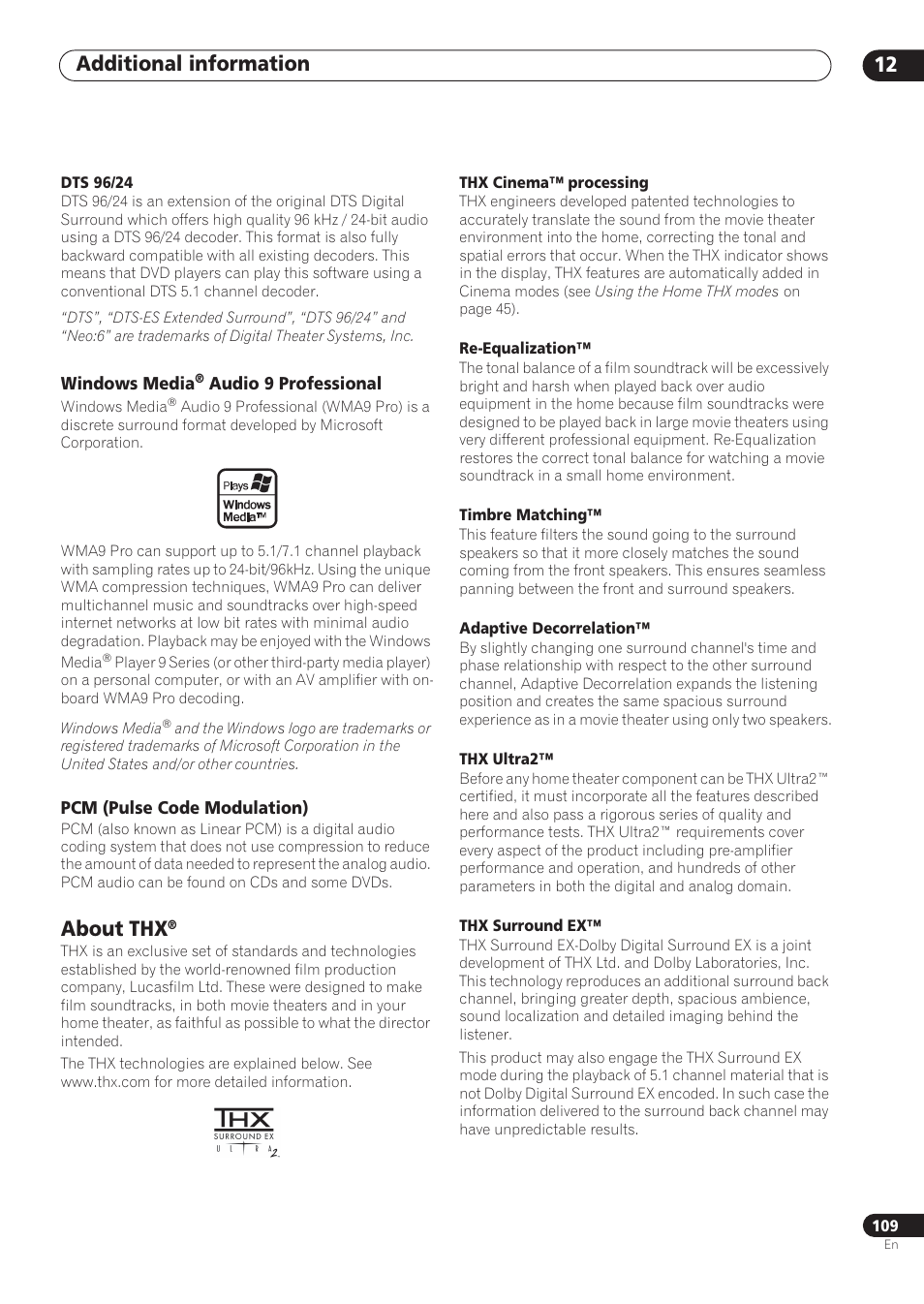 Windows media® audio 9 professional, Pcm (pulse code modulation), About thx | Additional information 12 | Pioneer VSX-59TXi User Manual | Page 109 / 112