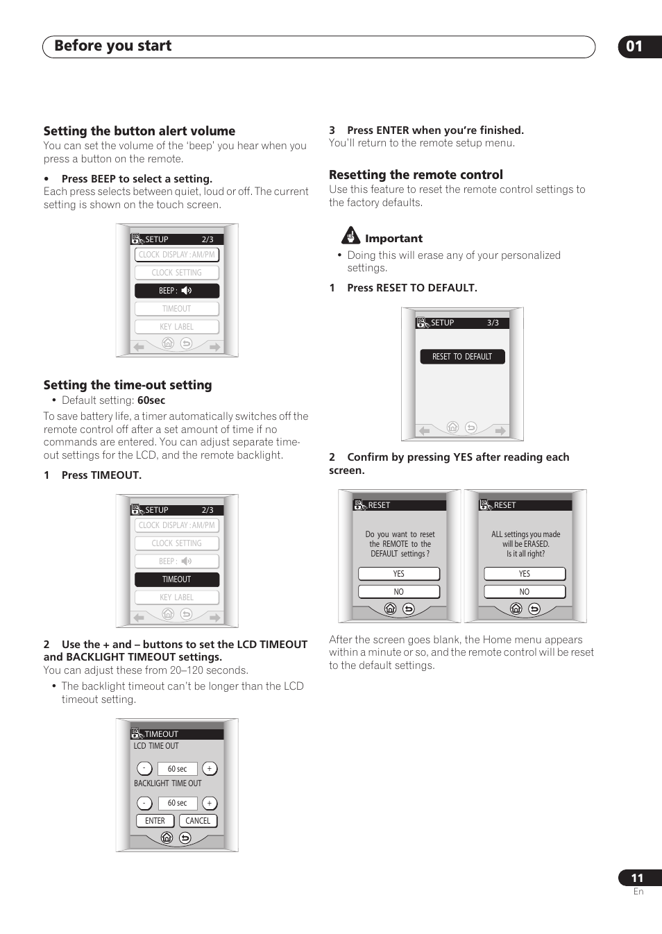 Setting the button alert volume, Setting the time-out setting, Resetting the remote control | Before you start 01 | Pioneer VSX-59TXi User Manual | Page 11 / 112