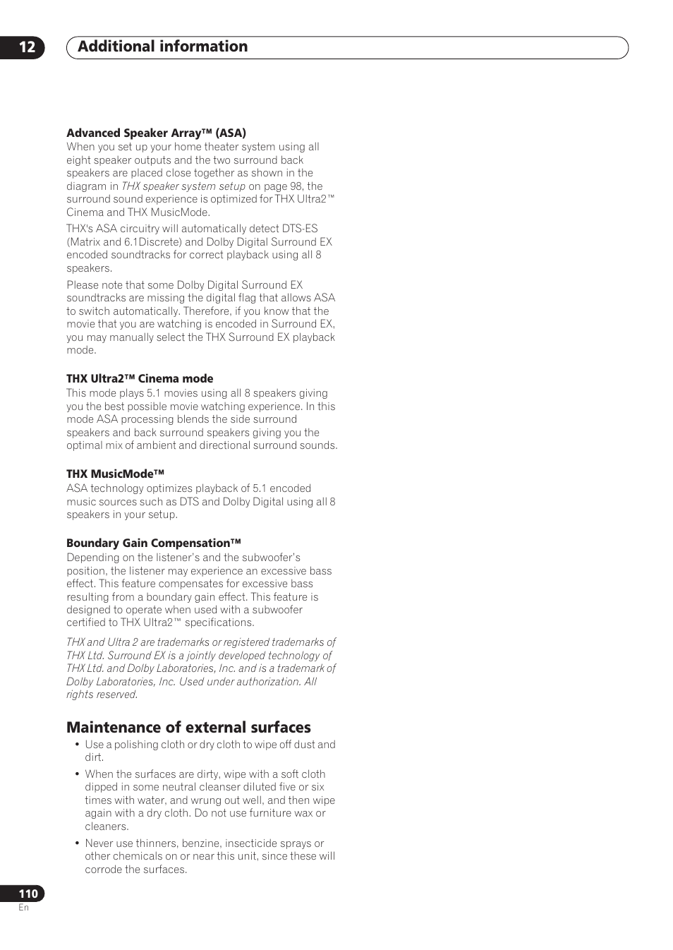 Maintenance of external surfaces, Additional information 12 | Pioneer VSX-59TXi User Manual | Page 110 / 112