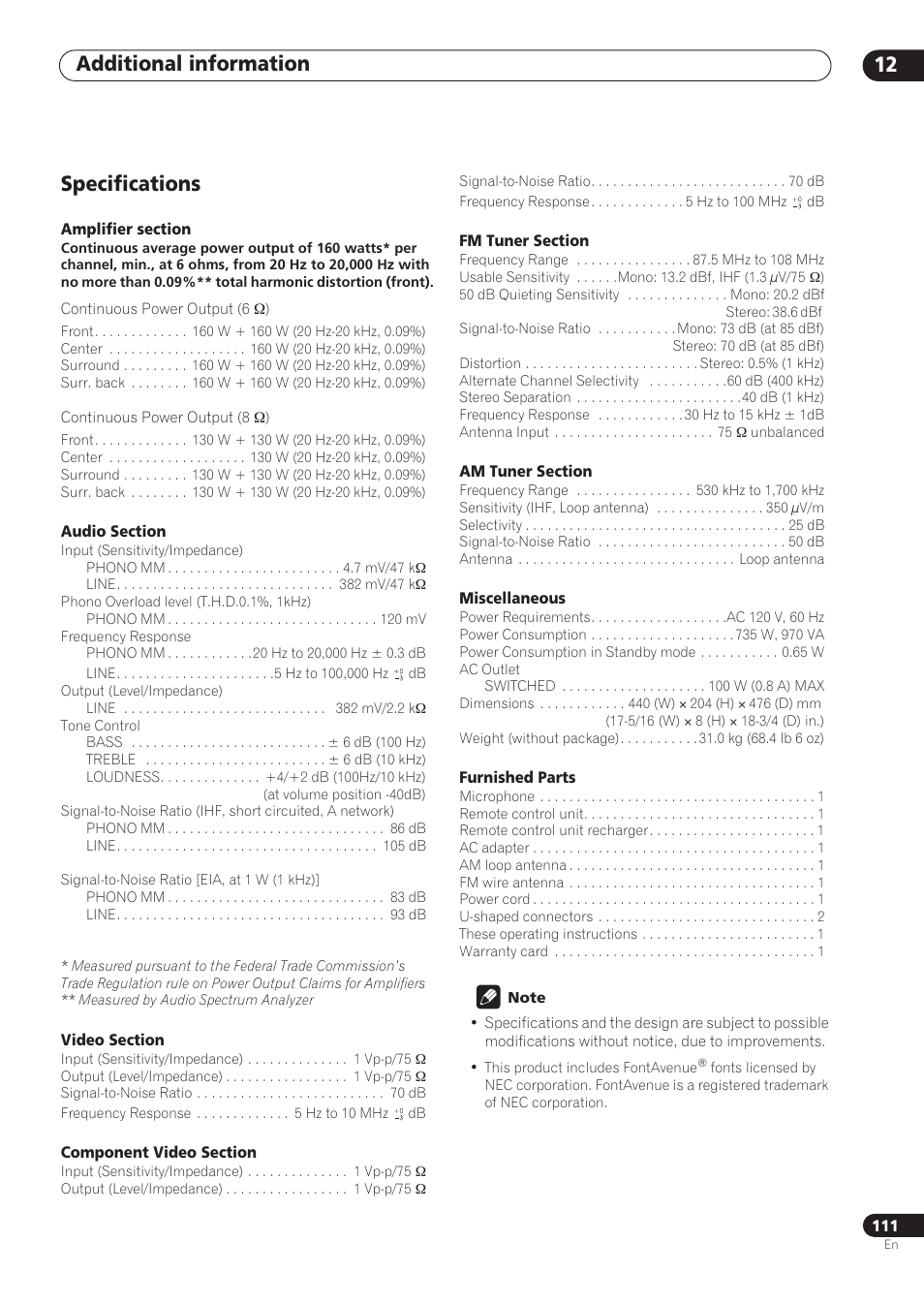 Specifications, Additional information 12 | Pioneer VSX-59TXi User Manual | Page 111 / 112