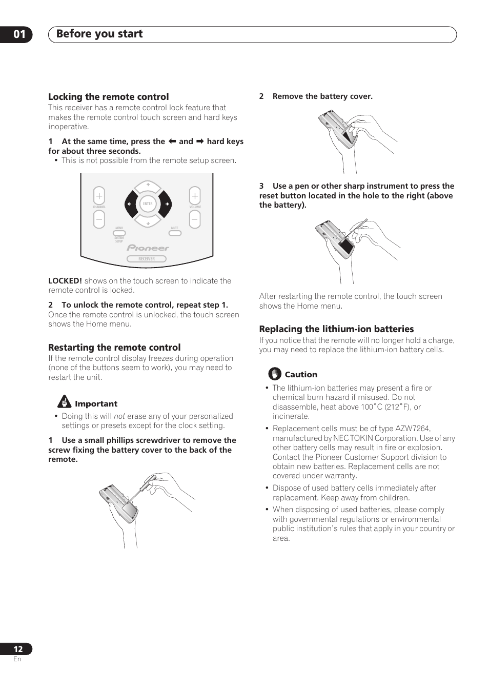 Locking the remote control, Restarting the remote control, Replacing the lithium-ion batteries | Before you start 01 | Pioneer VSX-59TXi User Manual | Page 12 / 112