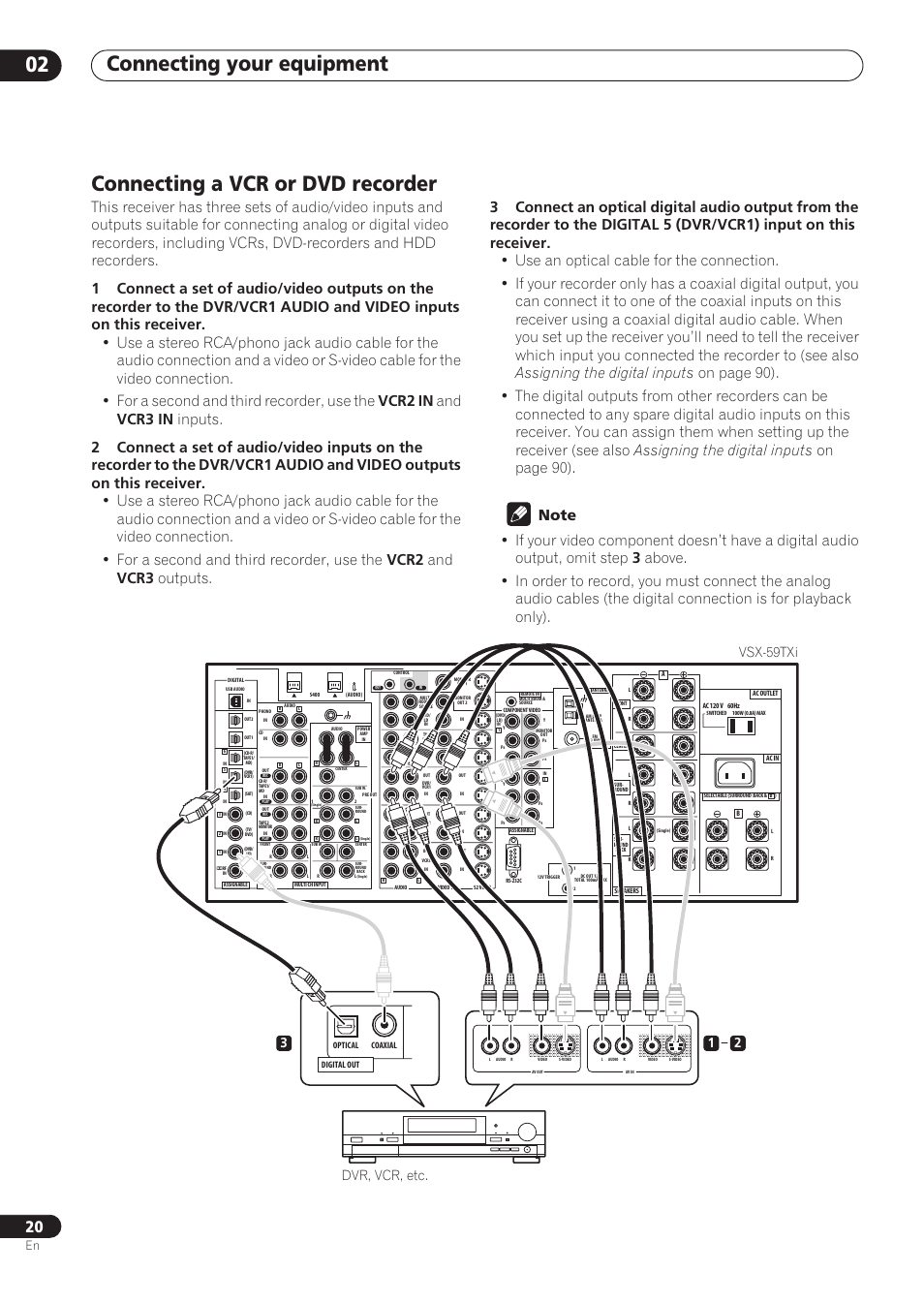 Connecting a vcr or dvd recorder, Connecting your equipment 02 | Pioneer VSX-59TXi User Manual | Page 20 / 112