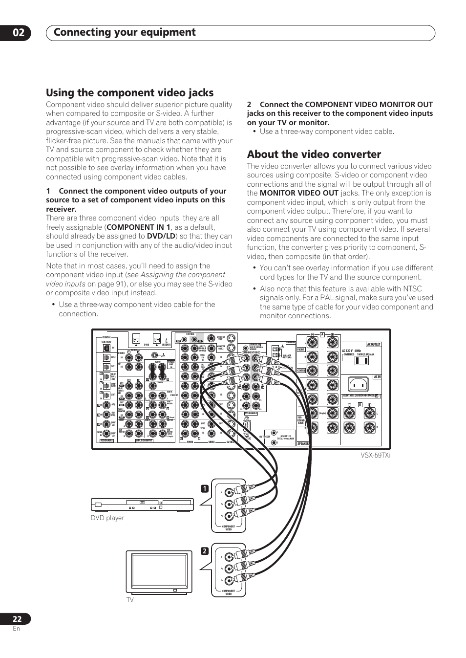 Using the component video jacks, About the video converter, Connecting your equipment 02 | Vsx-59txi dvd player 1 2 tv | Pioneer VSX-59TXi User Manual | Page 22 / 112