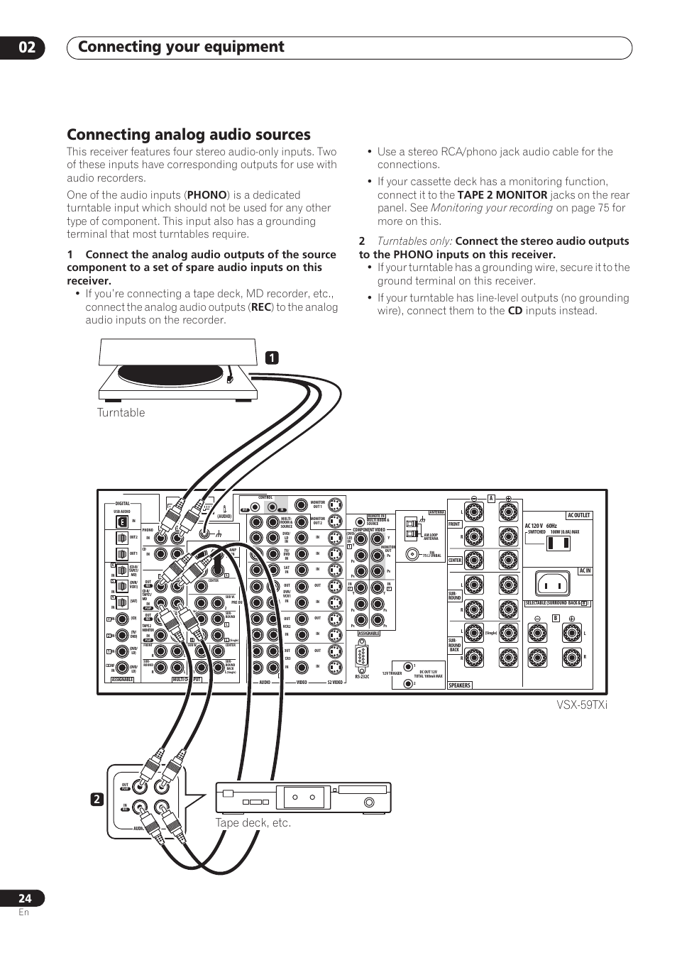 Connecting analog audio sources, Connecting your equipment 02, 12 turntable vsx-59txi tape deck, etc | Pioneer VSX-59TXi User Manual | Page 24 / 112