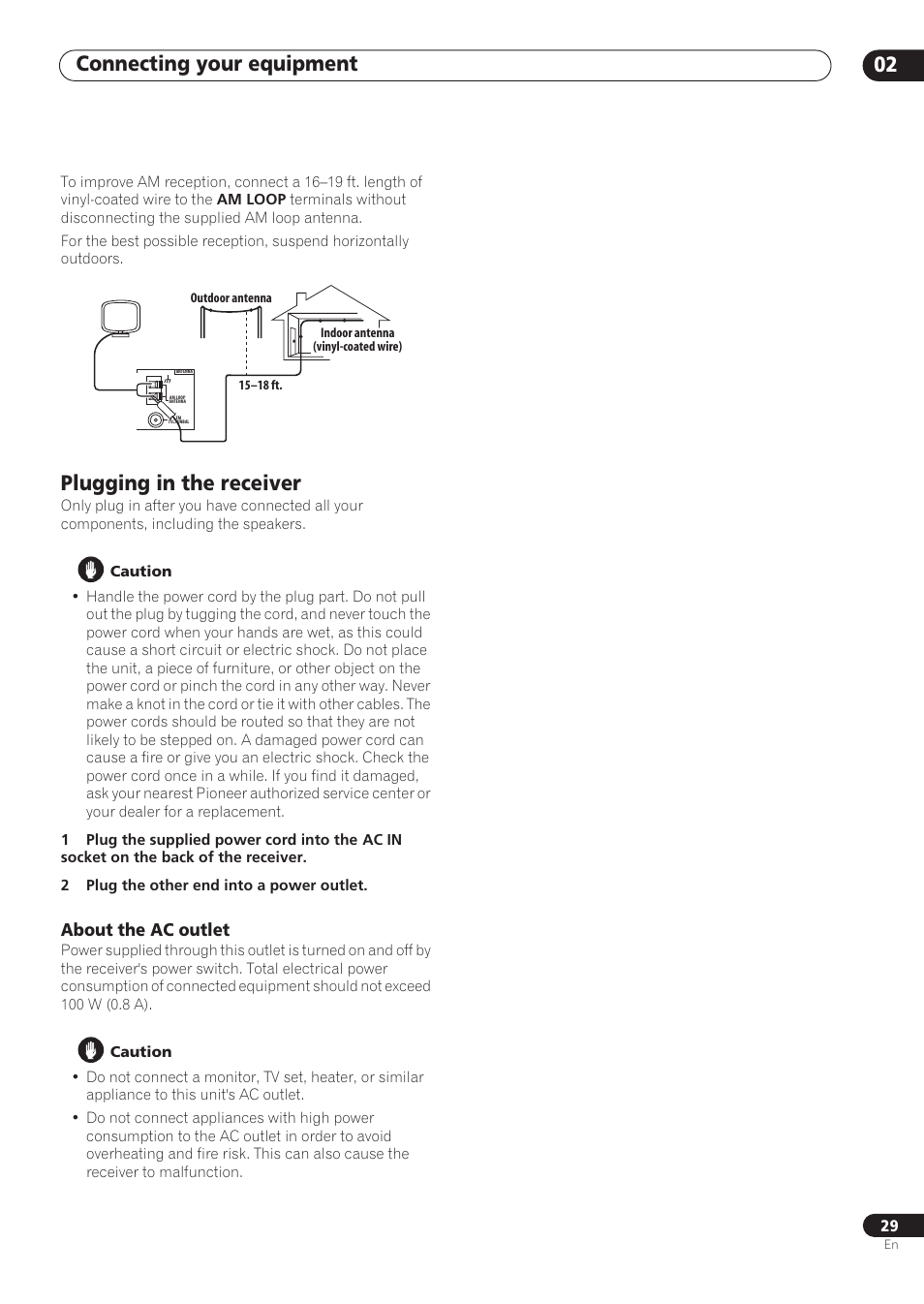 Plugging in the receiver, About the ac outlet, Connecting your equipment 02 | Pioneer VSX-59TXi User Manual | Page 29 / 112