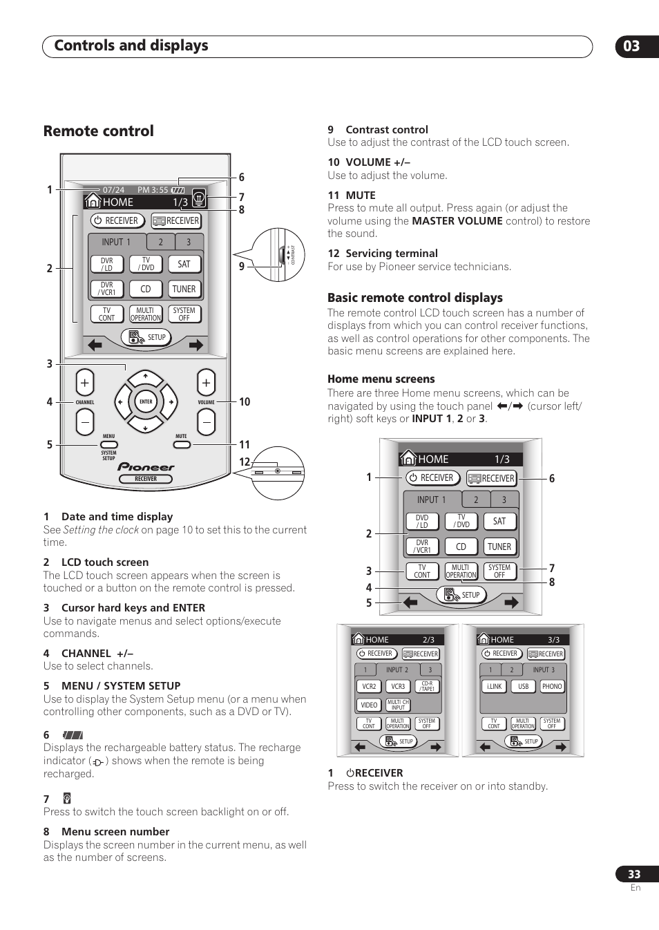 Remote control, Basic remote control displays, Controls and displays 03 | Pioneer VSX-59TXi User Manual | Page 33 / 112