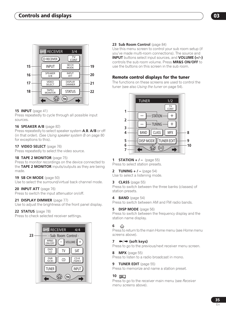 Remote control displays for the tuner, Controls and displays 03 | Pioneer VSX-59TXi User Manual | Page 35 / 112