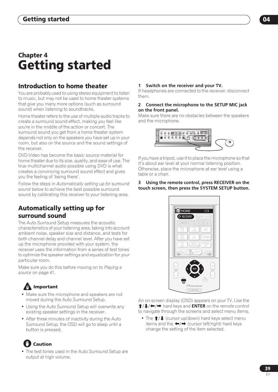 04 getting started, Introduction to home theater, Automatically setting up for surround sound | Getting started, Getting started 04, Chapter 4 | Pioneer VSX-59TXi User Manual | Page 39 / 112