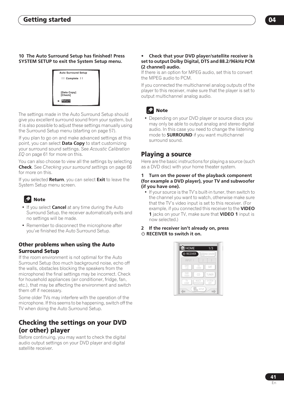 Other problems when using the auto surround setup, Playing a source, Getting started 04 | Pioneer VSX-59TXi User Manual | Page 41 / 112