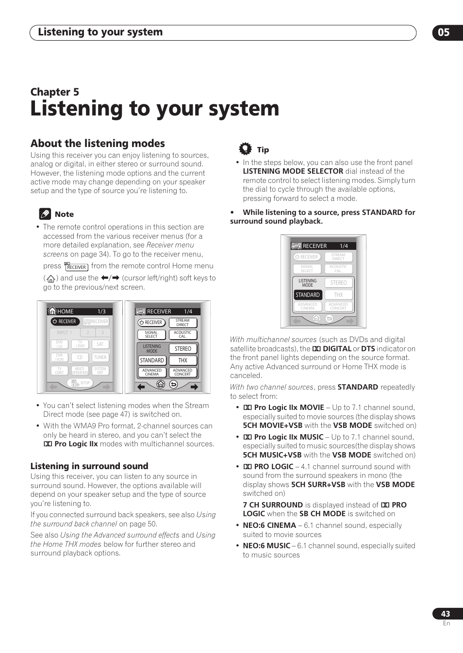 05 listening to your system, About the listening modes, Listening in surround sound | Listening to your system, Listening to your system 05, Chapter 5 | Pioneer VSX-59TXi User Manual | Page 43 / 112