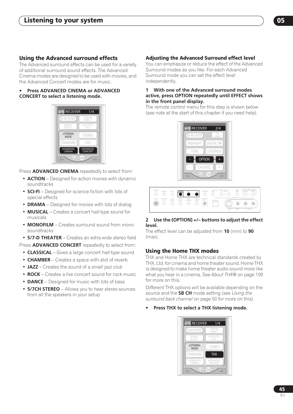 Using the advanced surround effects, Using the home thx modes, Listening to your system 05 | Adjusting the advanced surround effect level | Pioneer VSX-59TXi User Manual | Page 45 / 112