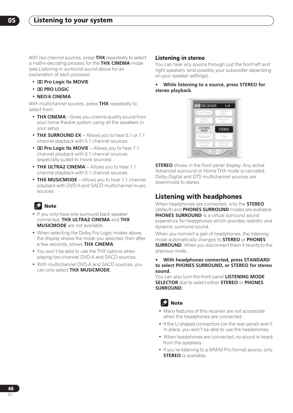Listening in stereo, Listening with headphones, Listening to your system 05 | Pioneer VSX-59TXi User Manual | Page 46 / 112