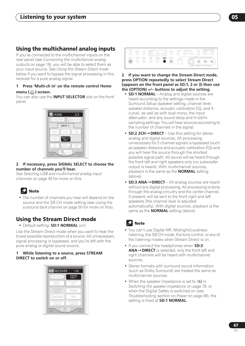 Using the multichannel analog inputs, Using the stream direct mode, Listening to your system 05 | Pioneer VSX-59TXi User Manual | Page 47 / 112