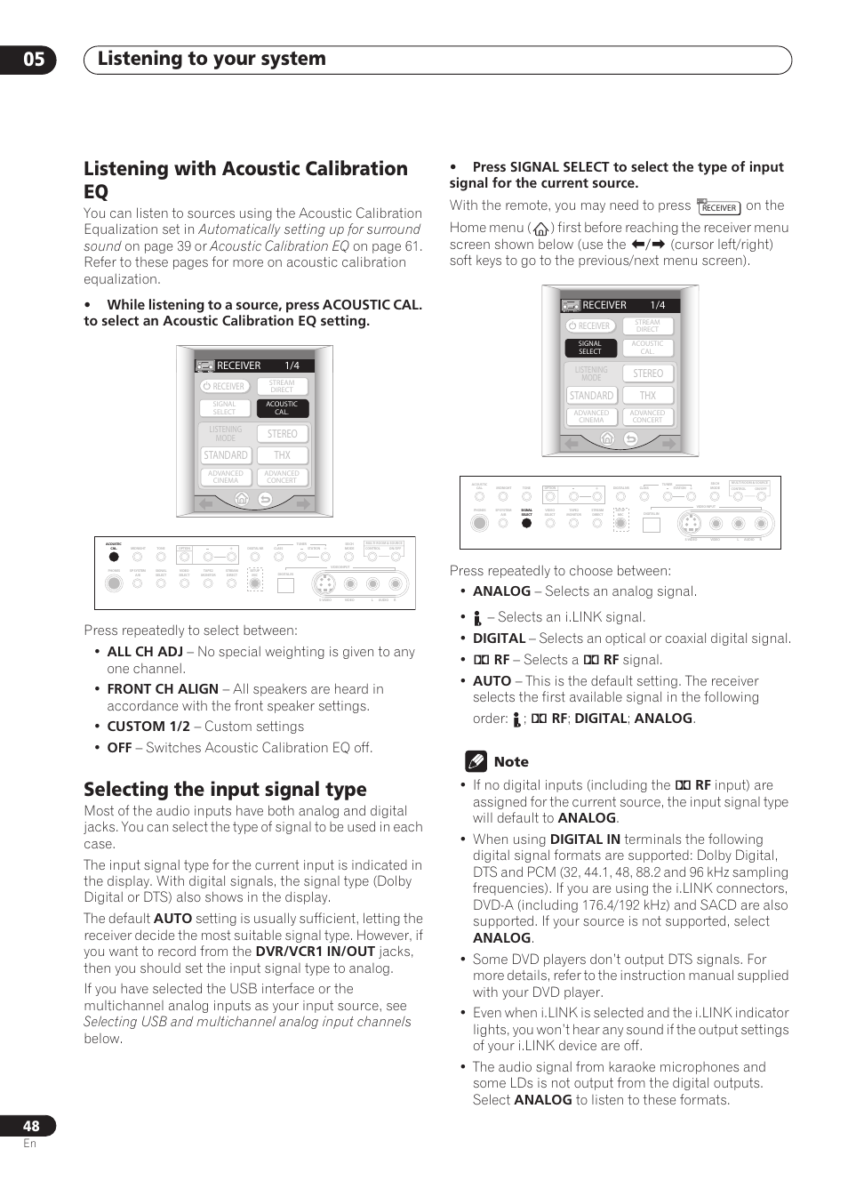 Listening with acoustic calibration eq, Selecting the input signal type, Listening to your system 05 | Pioneer VSX-59TXi User Manual | Page 48 / 112