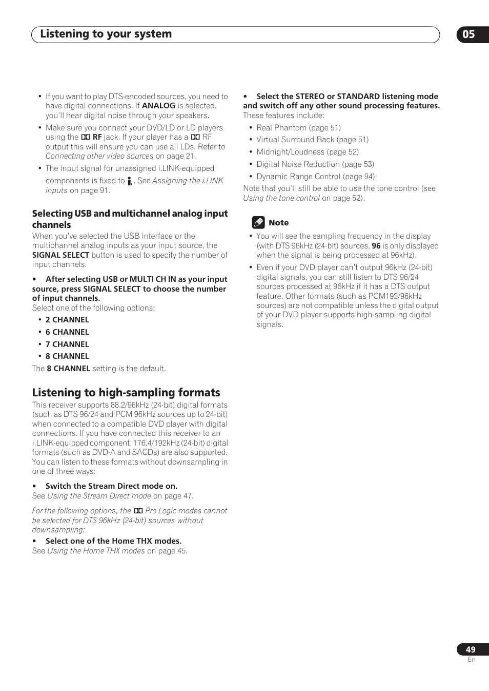 Listening to high-sampling formats, Listening to your system 05 | Pioneer VSX-59TXi User Manual | Page 49 / 112