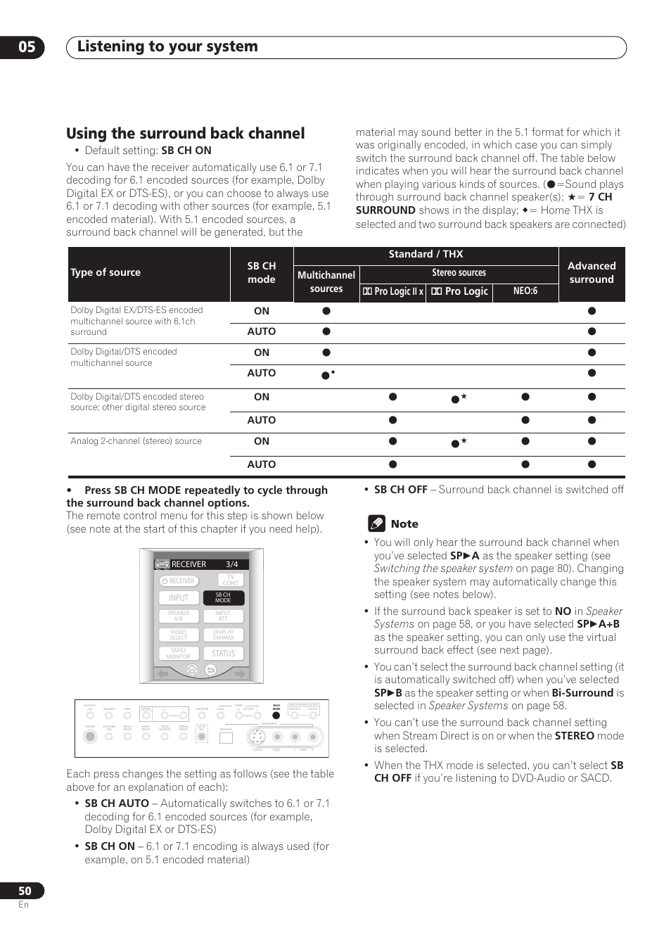 Using the surround back channel, Listening to your system 05, 2pro logic | Pioneer VSX-59TXi User Manual | Page 50 / 112