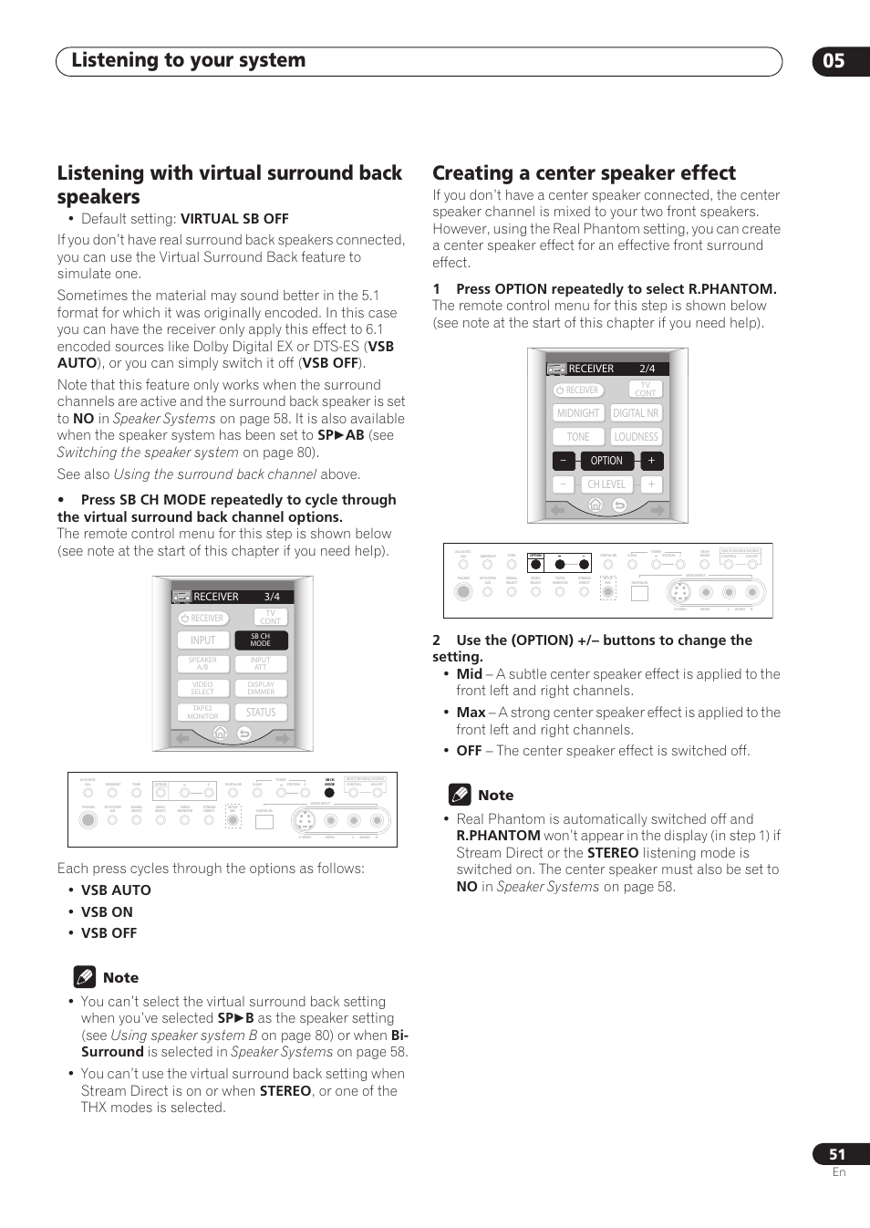 Listening with virtual surround back speakers, Creating a center speaker effect, Listening to your system 05 | Pioneer VSX-59TXi User Manual | Page 51 / 112