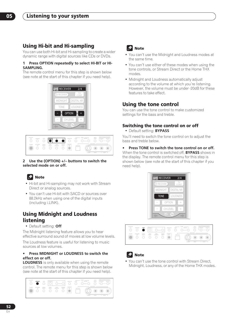 Using hi-bit and hi-sampling, Using midnight and loudness listening, Using the tone control | Switching the tone control on or off, Listening to your system 05, Receiver 2/4 | Pioneer VSX-59TXi User Manual | Page 52 / 112