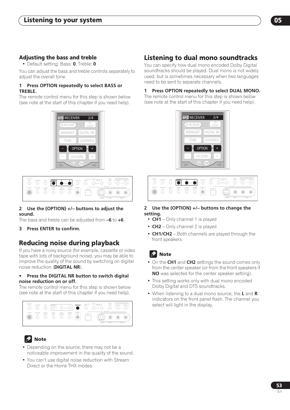 Adjusting the bass and treble, Reducing noise during playback, Listening to dual mono soundtracks | Listening to your system 05 | Pioneer VSX-59TXi User Manual | Page 53 / 112