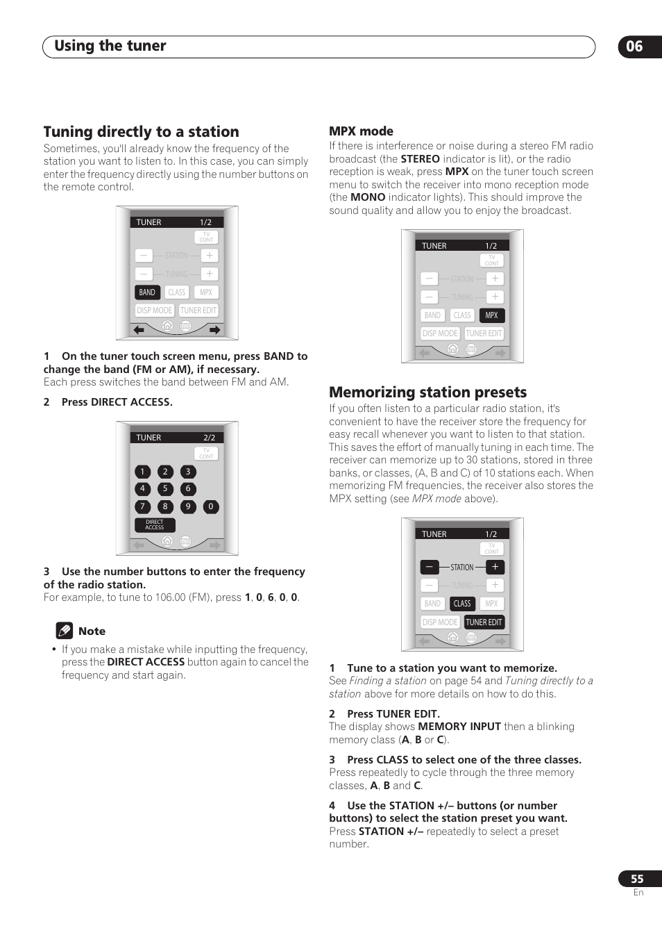 Tuning directly to a station, Mpx mode, Memorizing station presets | Using the tuner 06 | Pioneer VSX-59TXi User Manual | Page 55 / 112