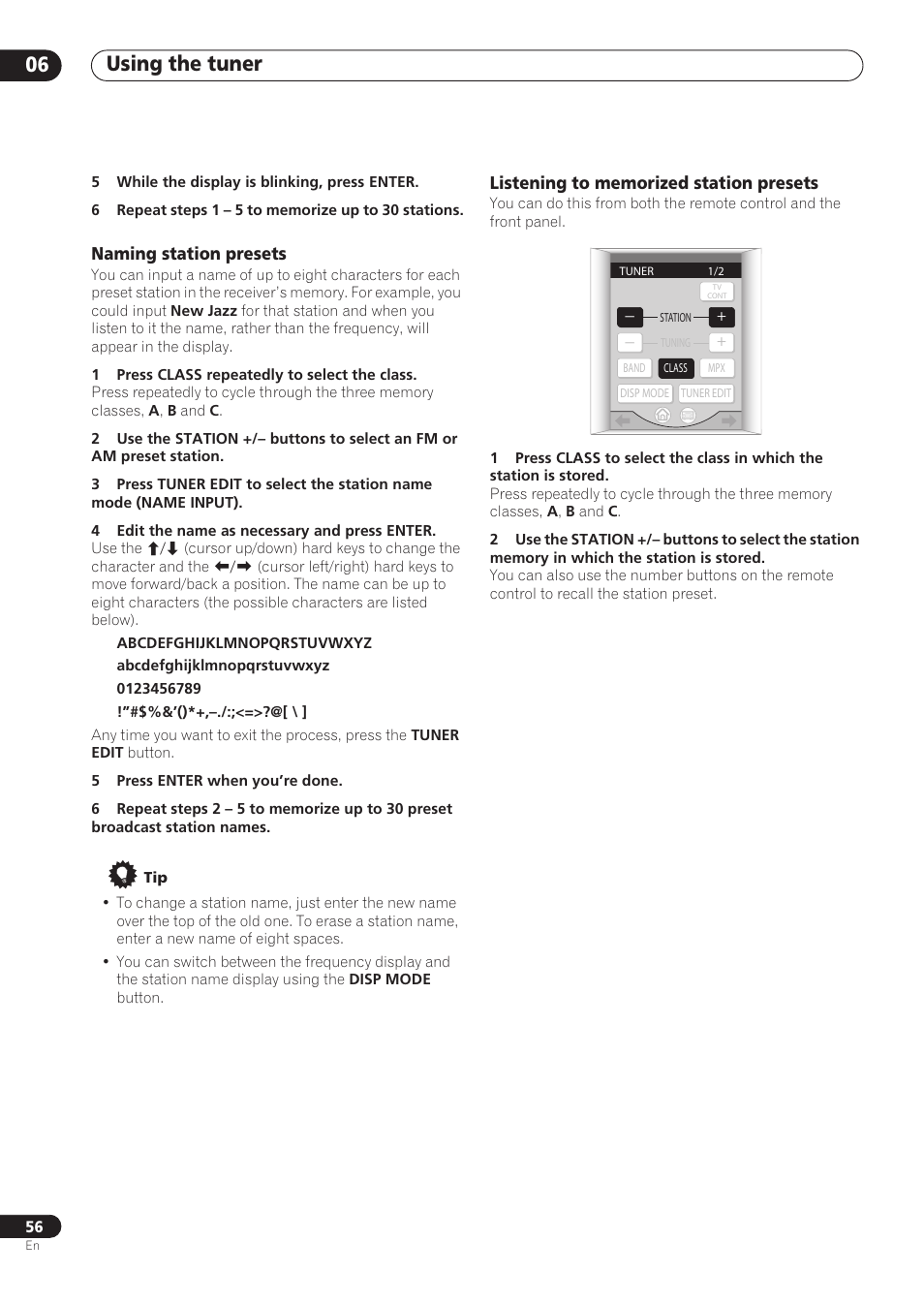 Naming station presets, Listening to memorized station presets, Using the tuner 06 | Pioneer VSX-59TXi User Manual | Page 56 / 112
