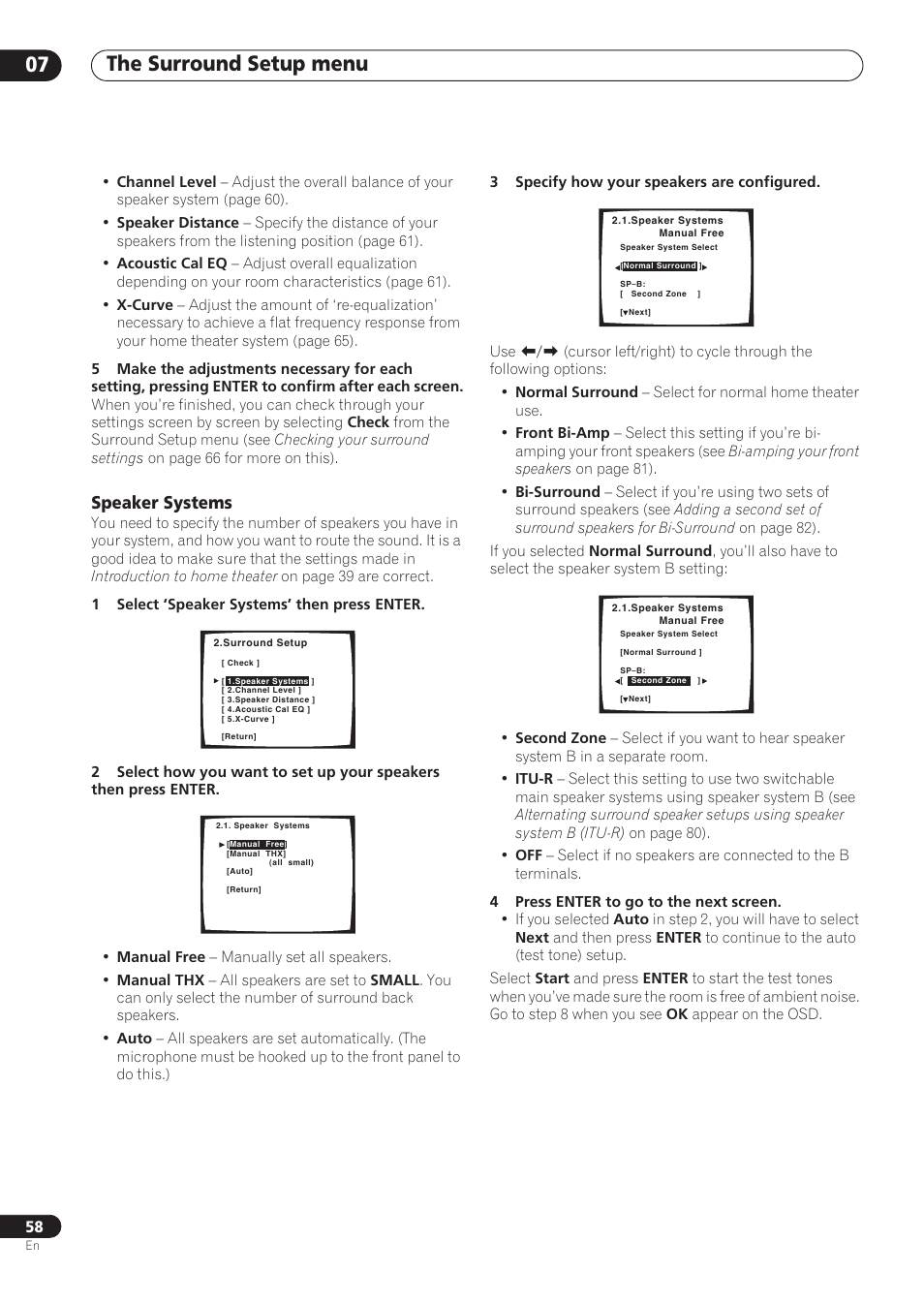 Speaker systems, The surround setup menu 07 | Pioneer VSX-59TXi User Manual | Page 58 / 112