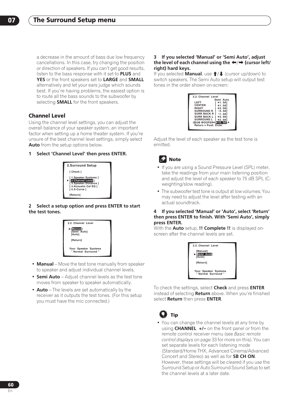 Channel level, The surround setup menu 07 | Pioneer VSX-59TXi User Manual | Page 60 / 112