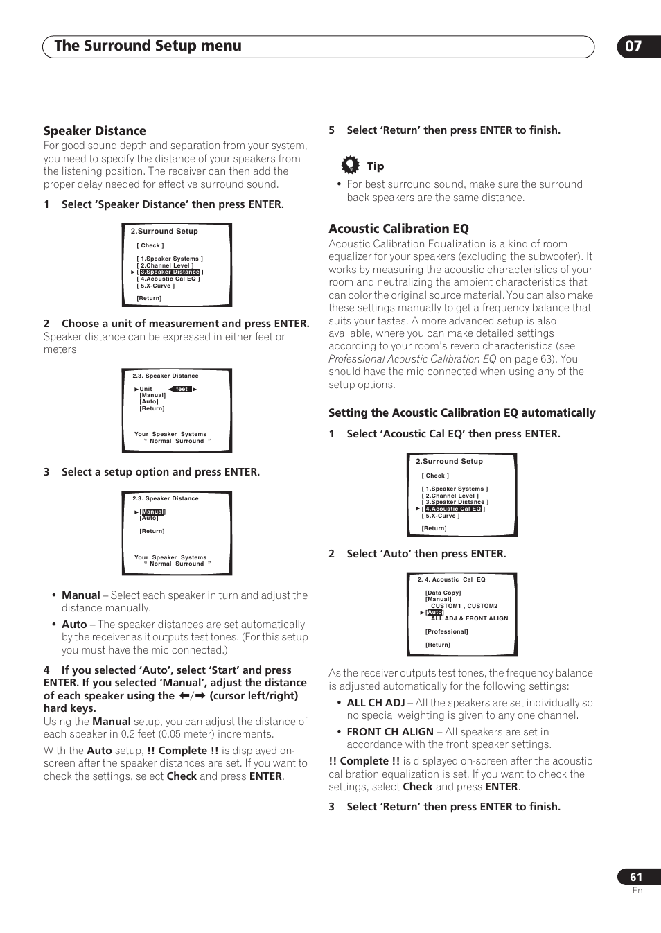 Speaker distance, Acoustic calibration eq, The surround setup menu 07 | Setting the acoustic calibration eq automatically | Pioneer VSX-59TXi User Manual | Page 61 / 112